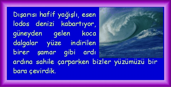 LODOS: Dışarısı hafif yağışlı, esen lodos denizi kabartıyor, g�neyden gelen koca dalgalar y�ze indirilen birer şamar gibi ardı ardına sahile �arparken bizler y�z�m�z� bir bara �evirdik. 